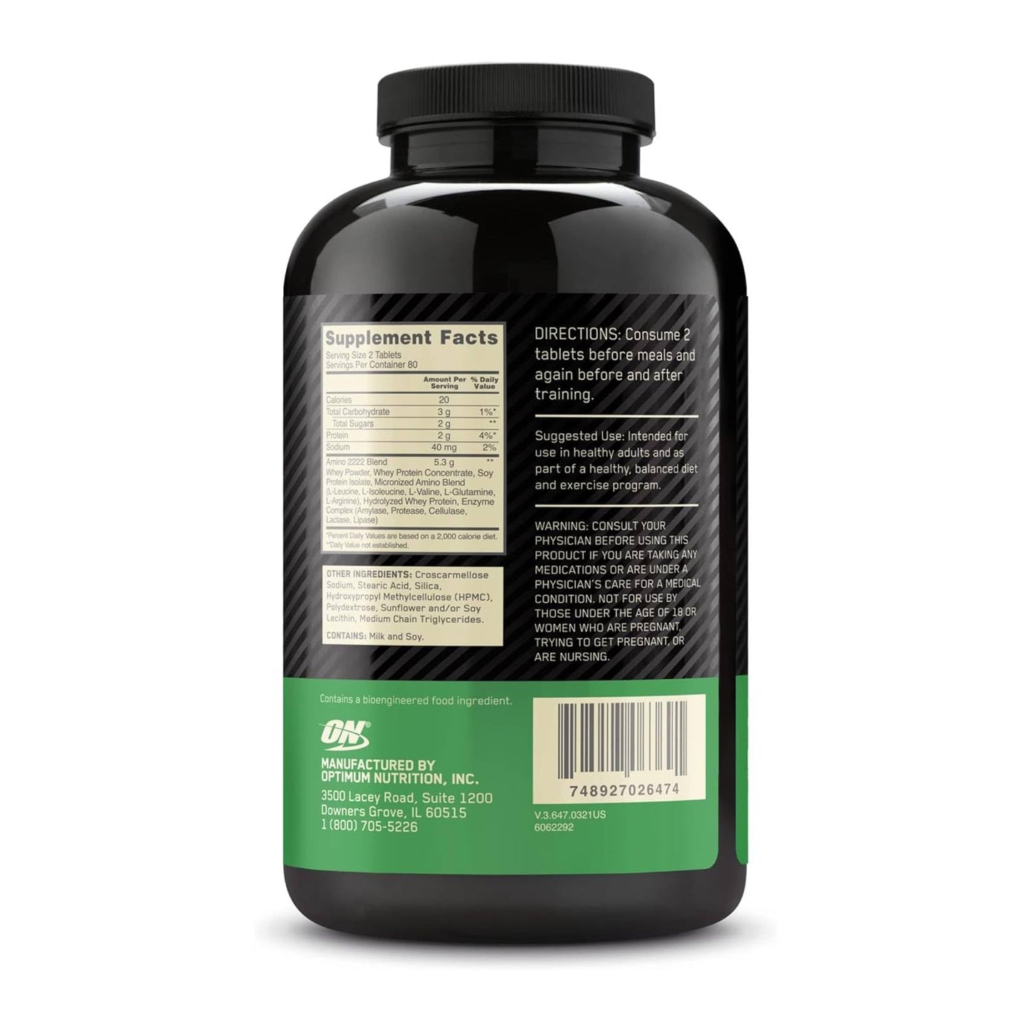Optimum Nutrition Superior Amino 2222 Tablets, Complete Essential Amino Acids, EAAs, 160 Count