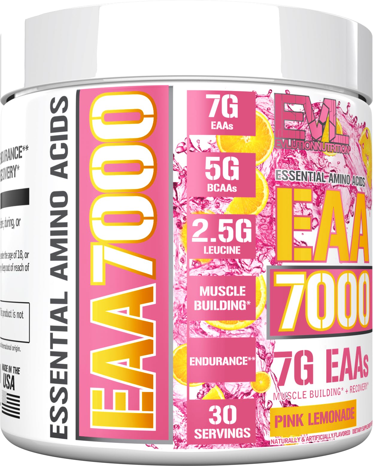 Evlution Nutrition EAA7000 - Pre & Post Workout Powder - Muscle Building + Recovery Supplement - 7g Essential Amino Acids + 5g BCAAs - Endurance + Energy Support - 30 Servings - Pink Lemonade