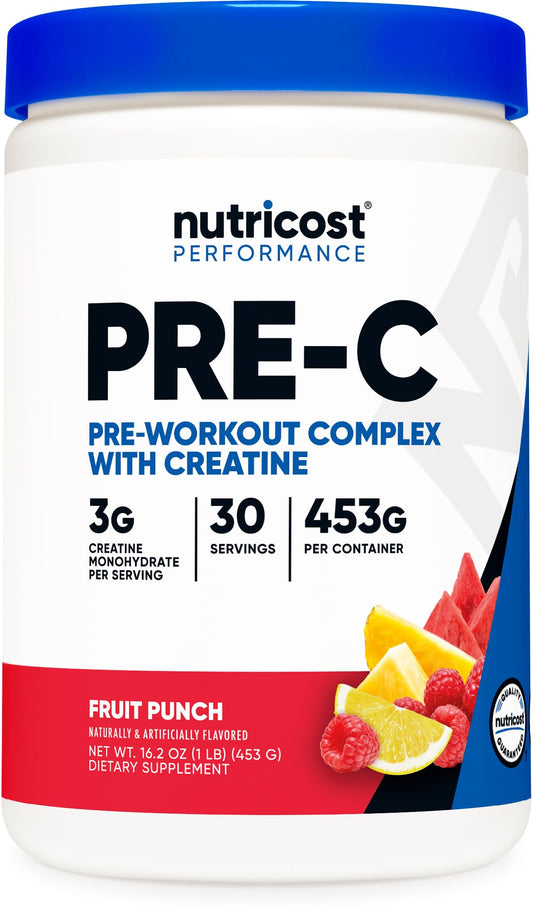 Nutricost Pre-C Pre-Workout Complex with Creatine (Fruit Punch | 30 Servings) Powder - Boost Fintess Routines, 453g