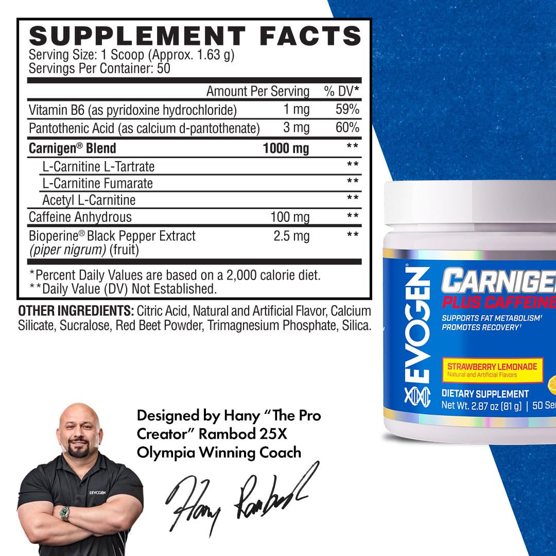 Evogen Carnigen Plus Caffeine - Premium Carnitine Powder | Supports Fat Metabolism & Promotes Recovery | L Carnitine Supplement with Caffeine & Acetyl L-Carnitine | Strawberry Lemonade | 50 Servings