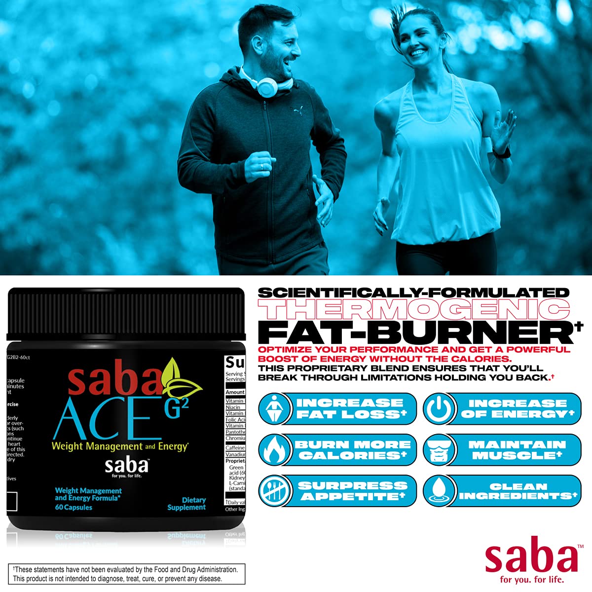 Saba ACE G2- Thermogenic Energy Burn, Pre Workout, Metabolism, Focus, Concentration, with Capsimax, CarnoSyn, BioPerine, Green Tea Leaf Extract, for Men & Women -60 Capsules