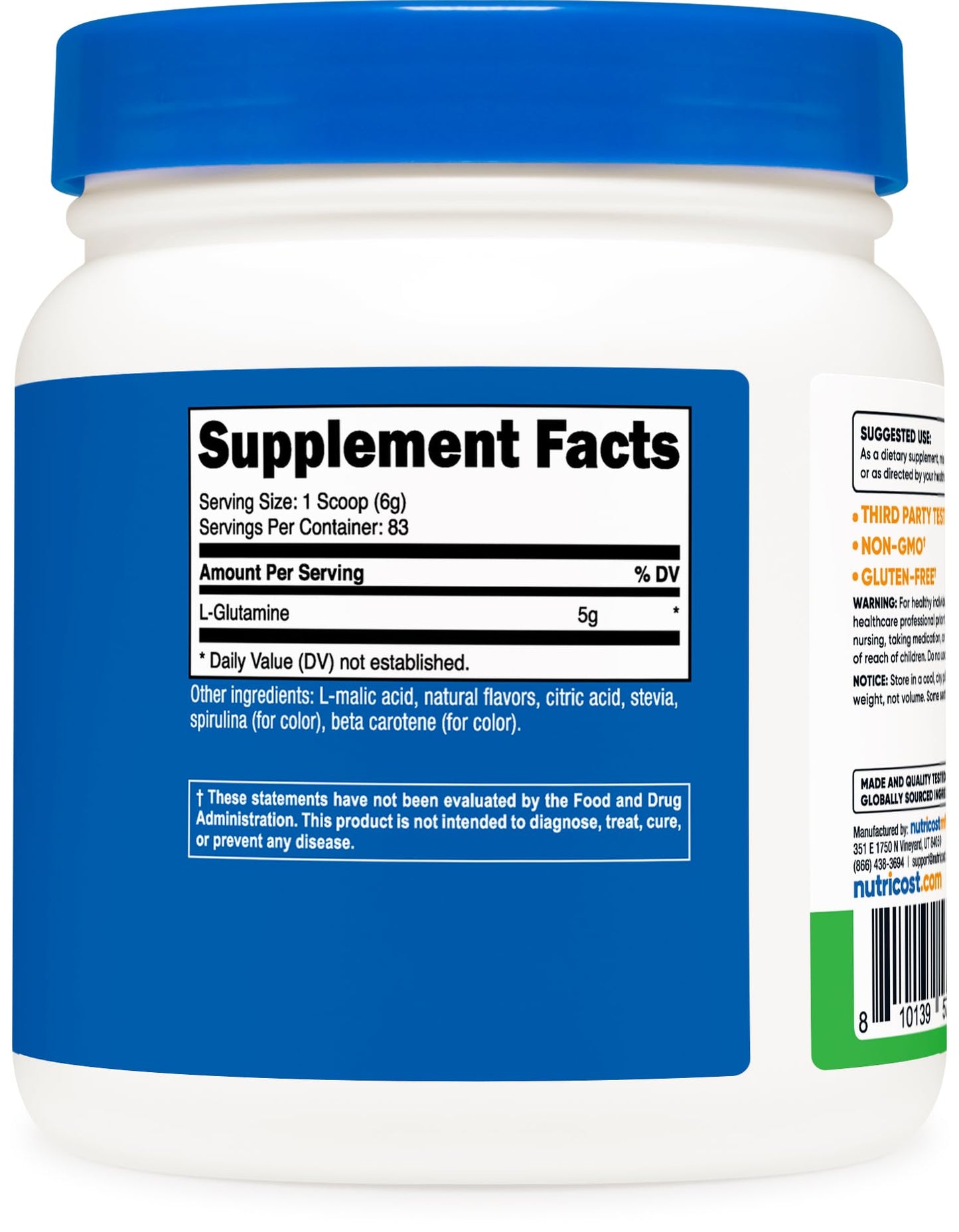 Nutricost L-Glutamine Powder Supplement (Green Apple) 500g - Gut Support, 5 Grams per Serving, Sweetened with Stevia - Gluten Free, Non GMO