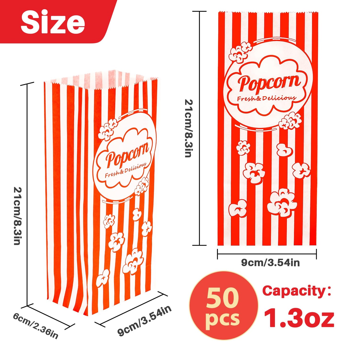 MAQIHAN 50 Popcorn Bags Individual Servings  Flat Bottom Paper Popcorn Food Bags Party Pop Corn Sleeves Bulk Carnival Halloween Snack Packs Gift Favor Treat bolsas para palomitas Movie Night Supplies