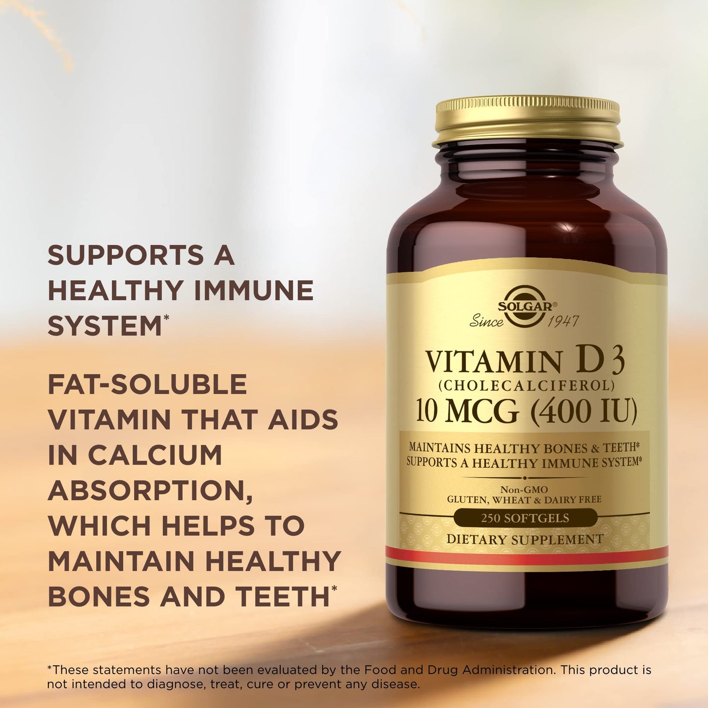 Solgar Vitamin D3 (Cholecalciferol) 10 MCG (400 IU), 250 Softgels - Helps Maintain Healthy Bones & Teeth - Immune System Support - Non-GMO, Gluten Free, Dairy Free - 250 Servings