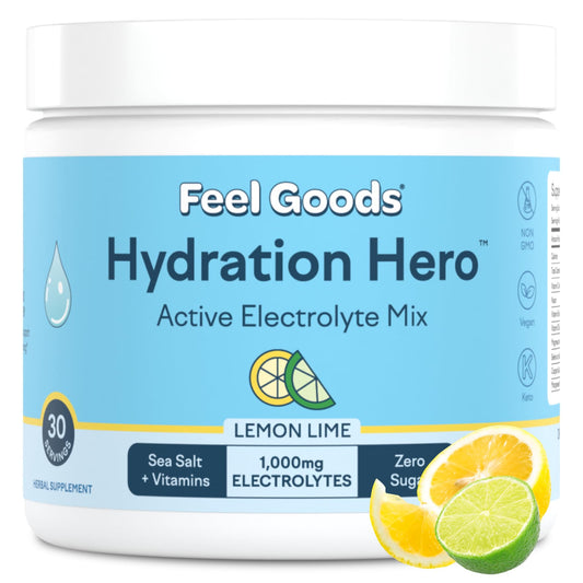 Feel Goods Hydration Hero, 1,000mg Electrolytes Powder, Sugar Free, Magnesium, Organic Aloe Vera, Organic Aloe, L Theanine, Vitamin C & B12, Non GMO, Keto, Vegan | Lemon Lime, 30 Servings