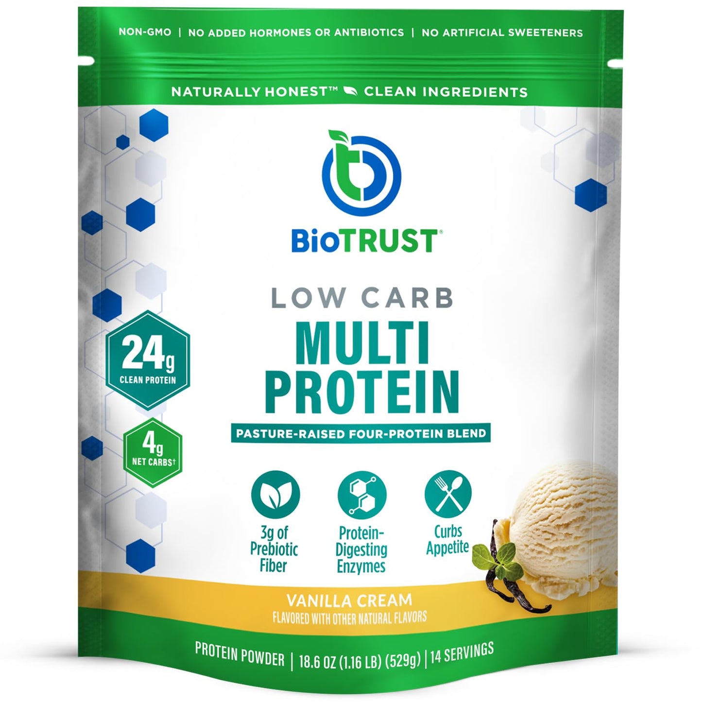 BioTrust Low Carb Protein Powder - Natural and Delicious Whey & Casein Blend from Grass-Fed Hormone Free Cows - Non GMO, Soy Free, Gluten Free, Hormone Free (Vanilla)