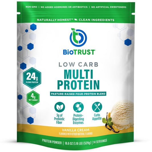BioTrust Low Carb Protein Powder - Natural and Delicious Whey & Casein Blend from Grass-Fed Hormone Free Cows - Non GMO, Soy Free, Gluten Free, Hormone Free (Vanilla)