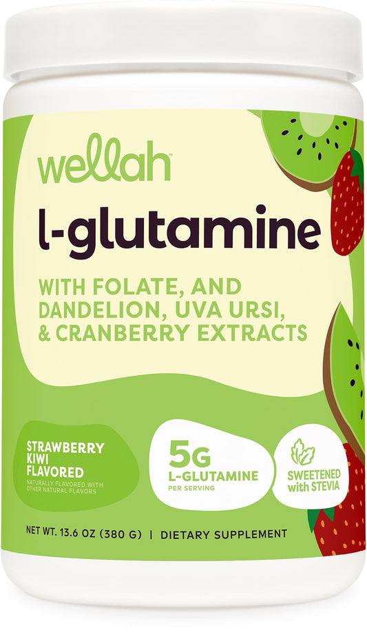 Wellah L-Glutamine Powder Strawberry Kiwi (50 Servings) - 5g L-Glutamine Per Serving, Sweetened with Stevia
