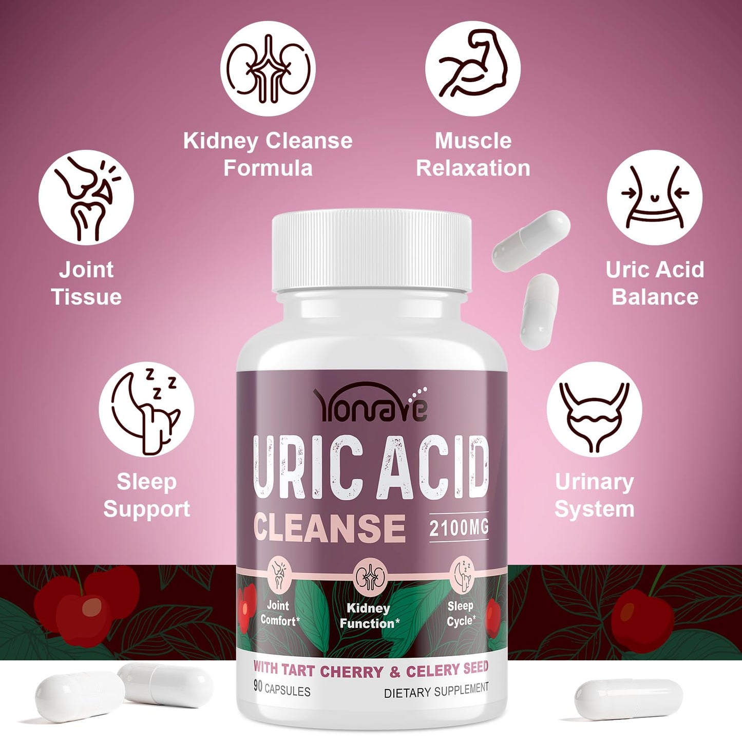 Yonrave Uric Acid Cleanse & Detox - Tart Cherry Capsules, Celery Seed Uric Acid Supplement -Joint, Kidney and Sleep - 90 Veggie Capsules（2 Bottle）