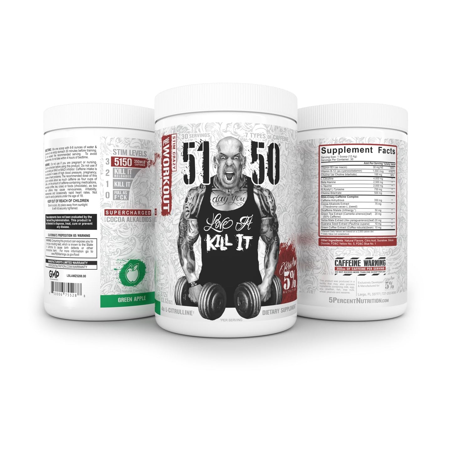 5% Nutrition Rich Piana 5150 High Stim Pre-Workout Powder | Extreme Energy, Focus, Pumps & Endurance | 400 mg Caffeine, Citrulline, Beta Alanine, N-Acetyl L-Tyrosine | 30 Srvgs (Green Apple)