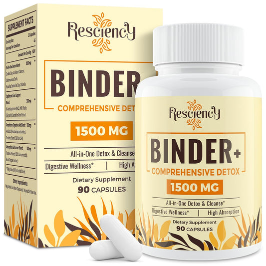 Resciency 1500 MG Detox Binder Supplement - Activated Charcoal, Zeolite, Bentonite Clay - Liver & Gut Detox Cleanse, Toxin Flush, Digestive, Max Absorption, 90 Vegan Capsules