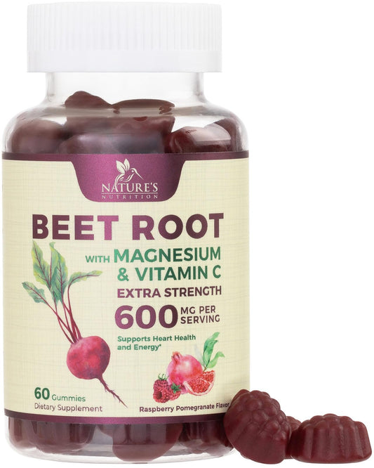 Beet Root Supplement Gummies - 500mg Per Serving with Vitamin C & Magnesium - Energy Heart Health Support, Supports Nitric Oxide Production - Gluten Free Beetroot Gummy - Berry Flavor - 60 Gummies