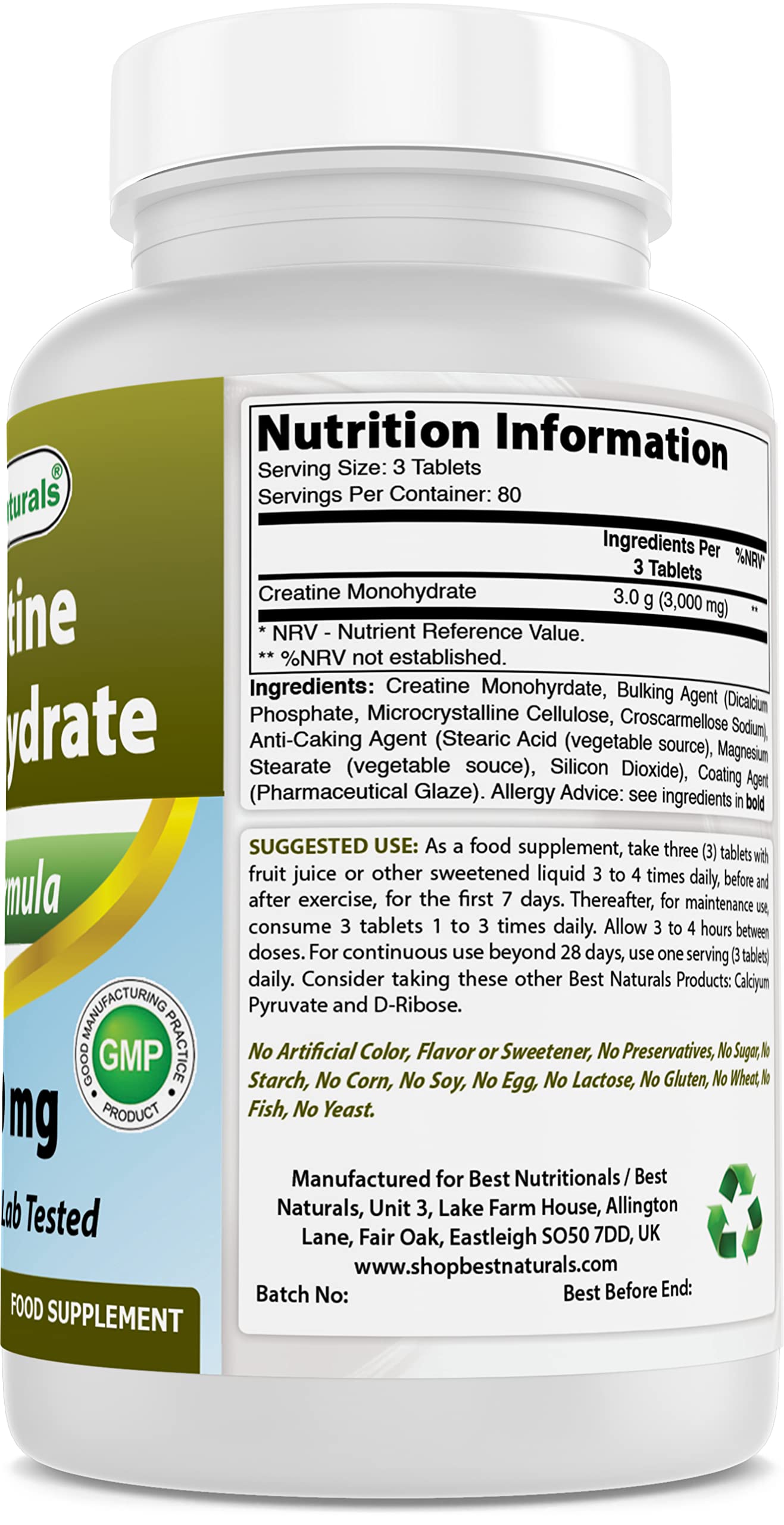Best Naturals Creatine Monohydrate 1000 mg 240 Tablets