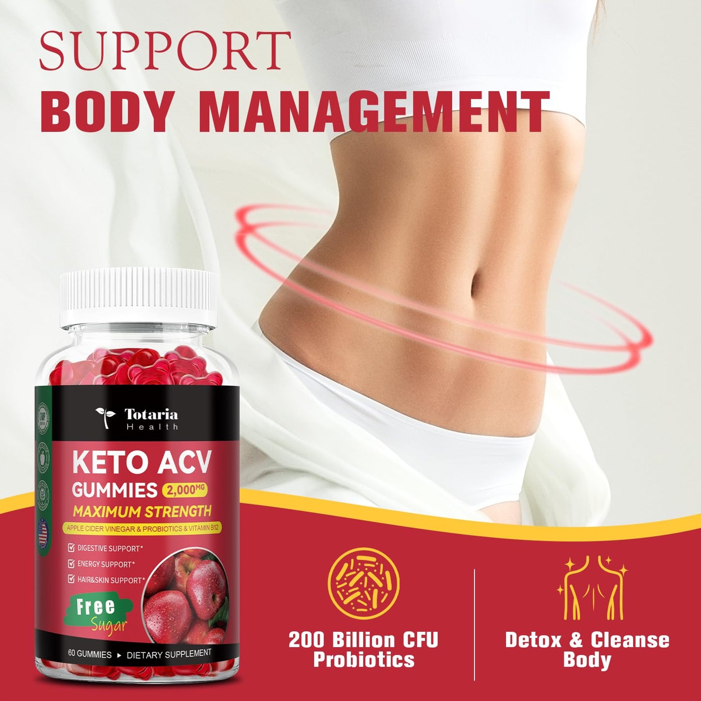 Totaria Keto ACV Gummies - 2000mg Apple Cider Vinegar Gummies Sugar-Free Support Stature Health with Probiotics, B12, BHB, Keto Supplements for Women & Men 60 Gummies