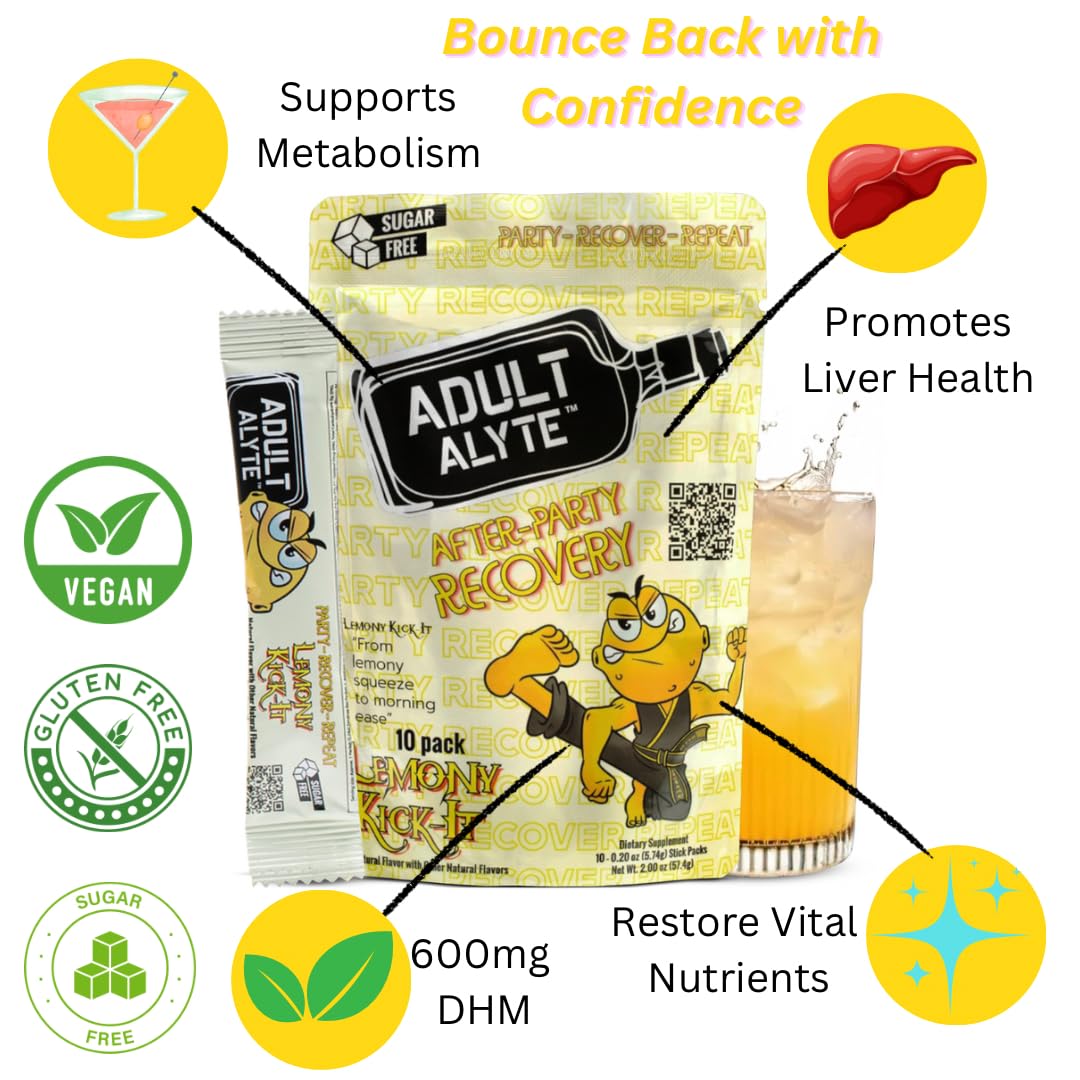 After Alcohol Aid Wellness Vitamins I Restore Better Mornings I Dihydromyricetin DHM & B Vitamins Complex I Antioxidants Supplement and Liver Support I 5 Powder Stick Drink Packets I Lemony Kick-It