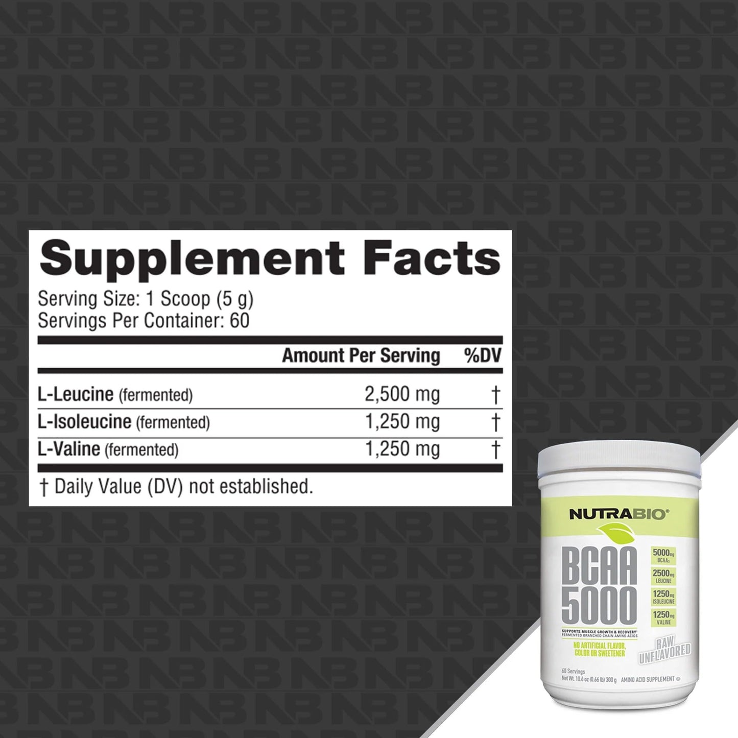 NutraBio BCAA 5000 Powder - Fermented Branched Chain Amino Acids for Muscle Growth & Recovery - Natural Flavors, Sweeteners, and Coloring, Vegan, Gluten Free - Unflavored, 60 Servings