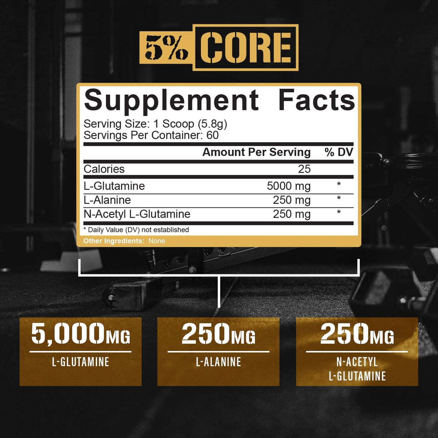 5% Nutrition Core L-Glutamine 5000 Supplement w/L-Alanine | Immune & Digestive Support | Amino Acid Muscle Builder Post Workout Recovery | Unflavored (60 Servings)