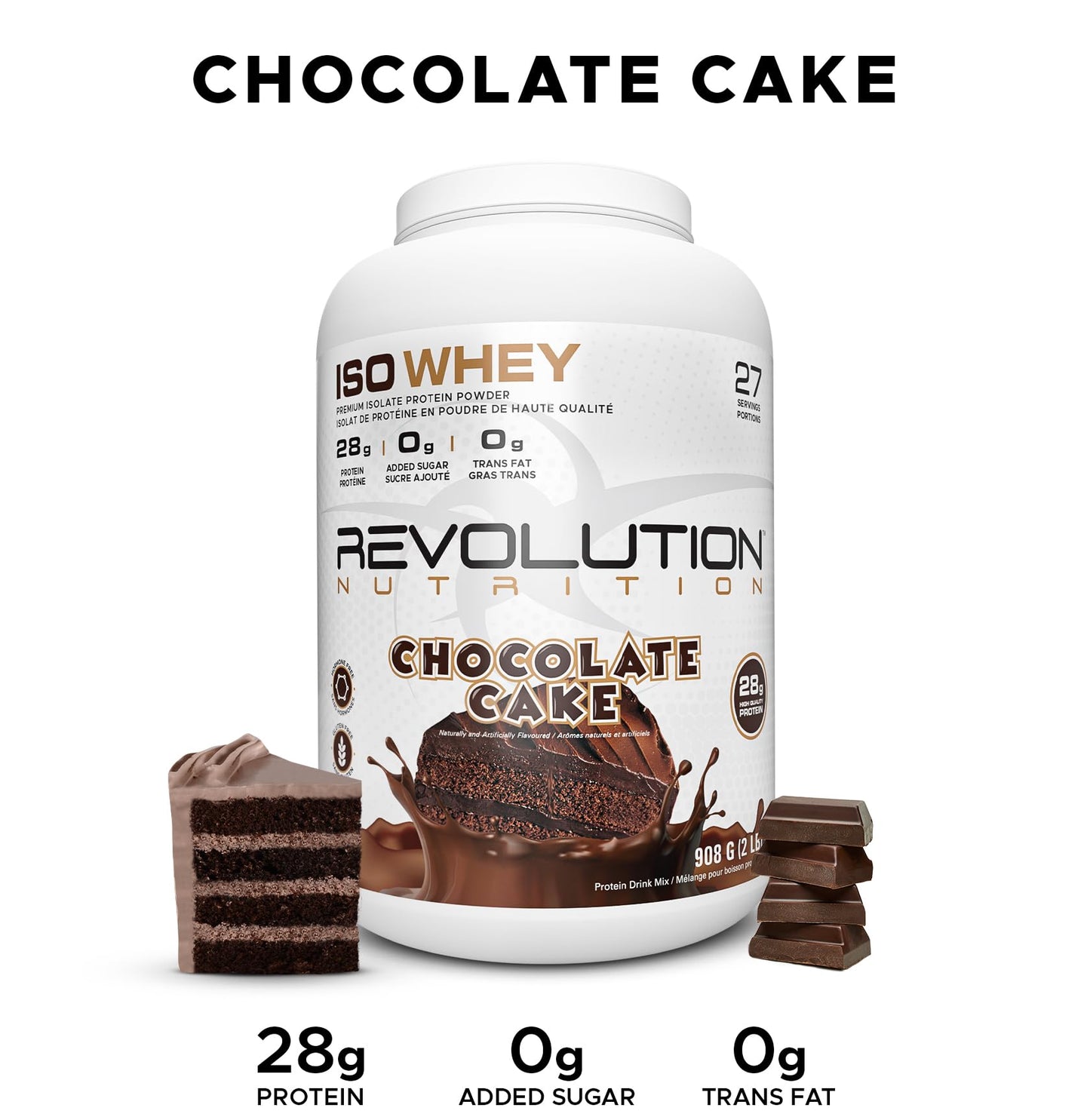 Revolution Nutrition, Iso Whey, Protein Powder, Whey Isolate, Premium Formula, Gluten Free, Lean Muscle Mass for Men & Women, 28g of Protein Per Scoup, 2 Pound, 27 Servings (Chocolate Cake)