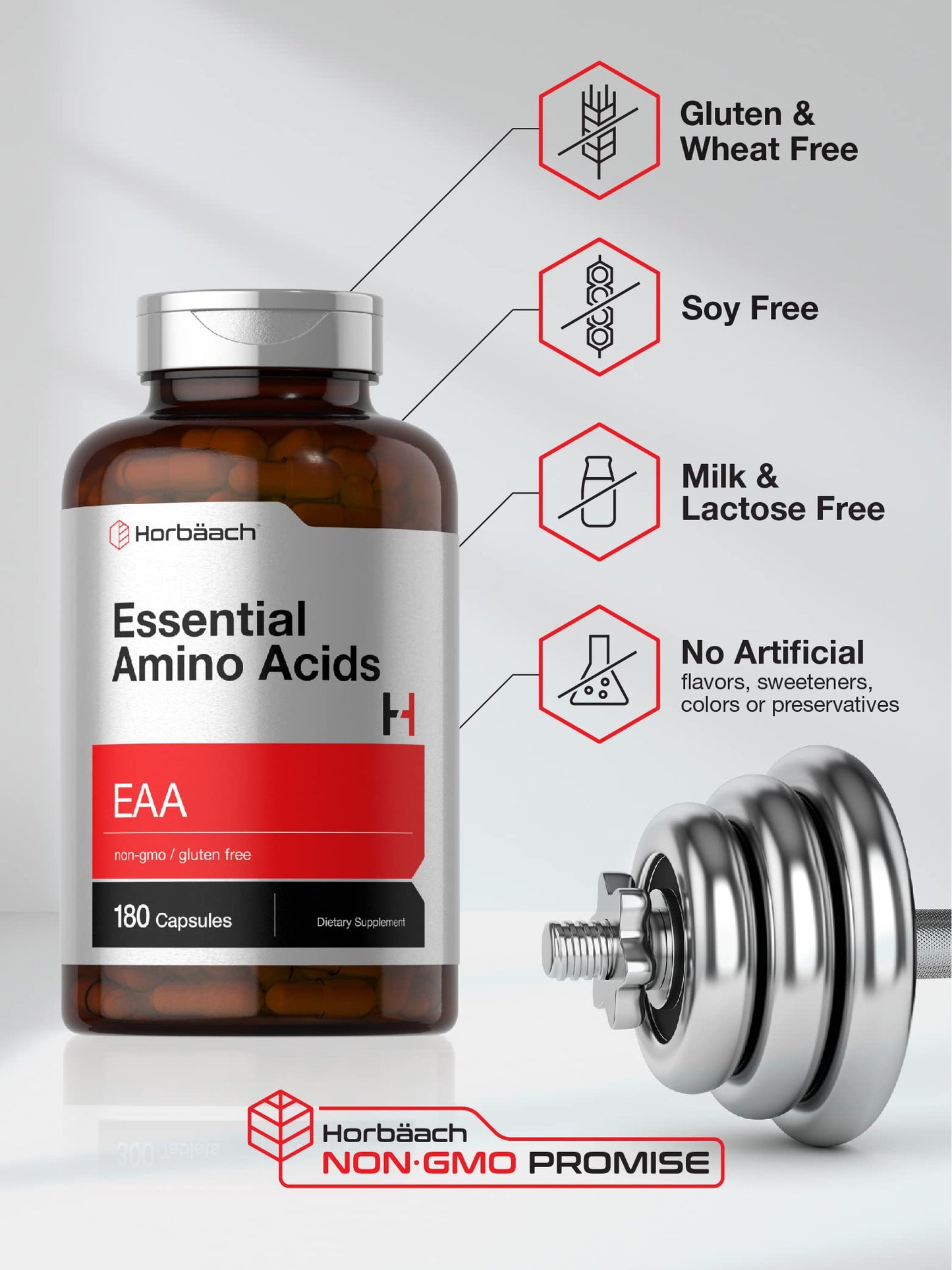 Horbäach Essential Amino Acids Supplement | 180 Capsules | Optimum Ratio with BCAAs | Non-GMO & Gluten Free EAA