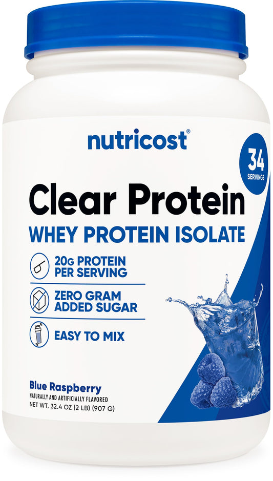 Nutricost Clear Whey Protein Isolate 2 LBS (Blue Raspberry Flavored) - 20G Protein Per Serving, GMO-Free, Gluten-Free