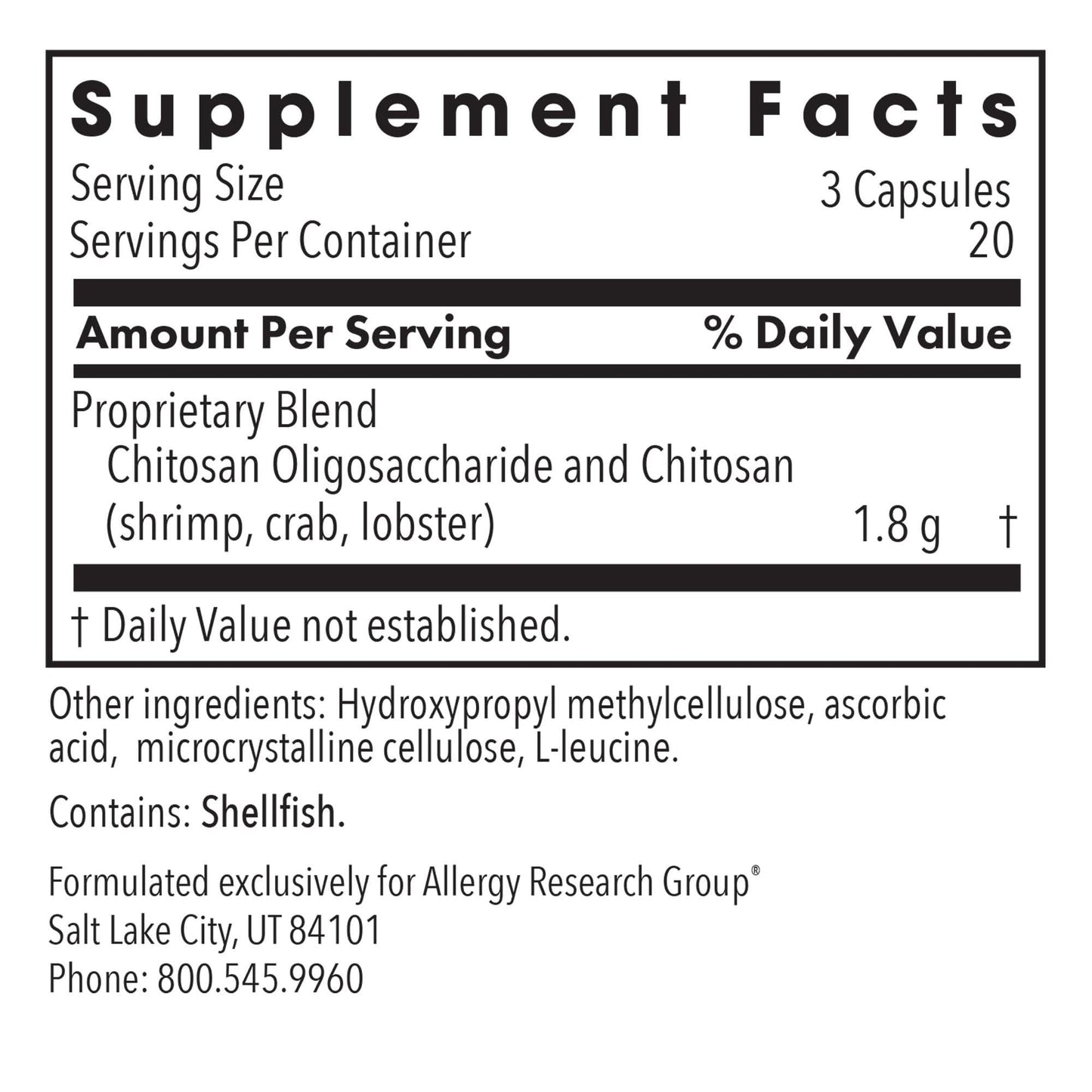 Allergy Research Group MicroChitosan Supplement - Chitosan, Chitosan Oligosaccharide, Cleansing Support Binder, Enhanced Detoxification, 1800mg Vegetarian Pills - 60 Count