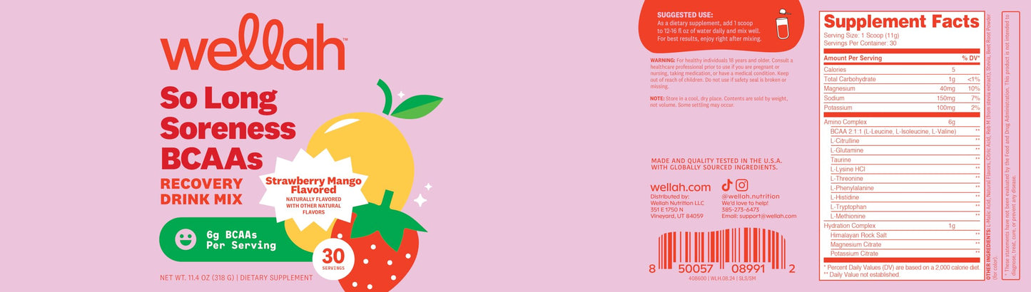 Wellah So Long Soreness BCAA Powder (Strawberry Mango Flavored) 30 Servings - with Hydration Complex