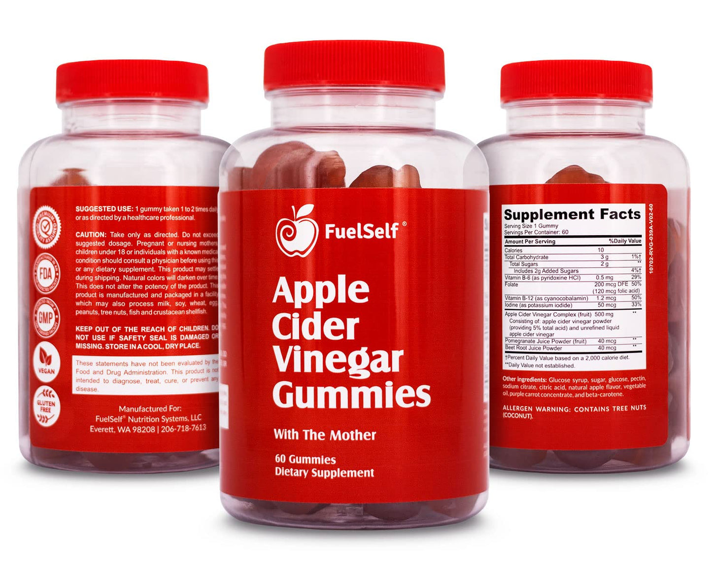 FuelSelf Apple Cider Vinegar Gummy Vitamins with The Mother, 1 Pack, 60 Count :: Metabolism Management, Immunity, Detox :: Vegan, Gluten-Free, Vitamin B6, B12, Pomegranate, Beet Root