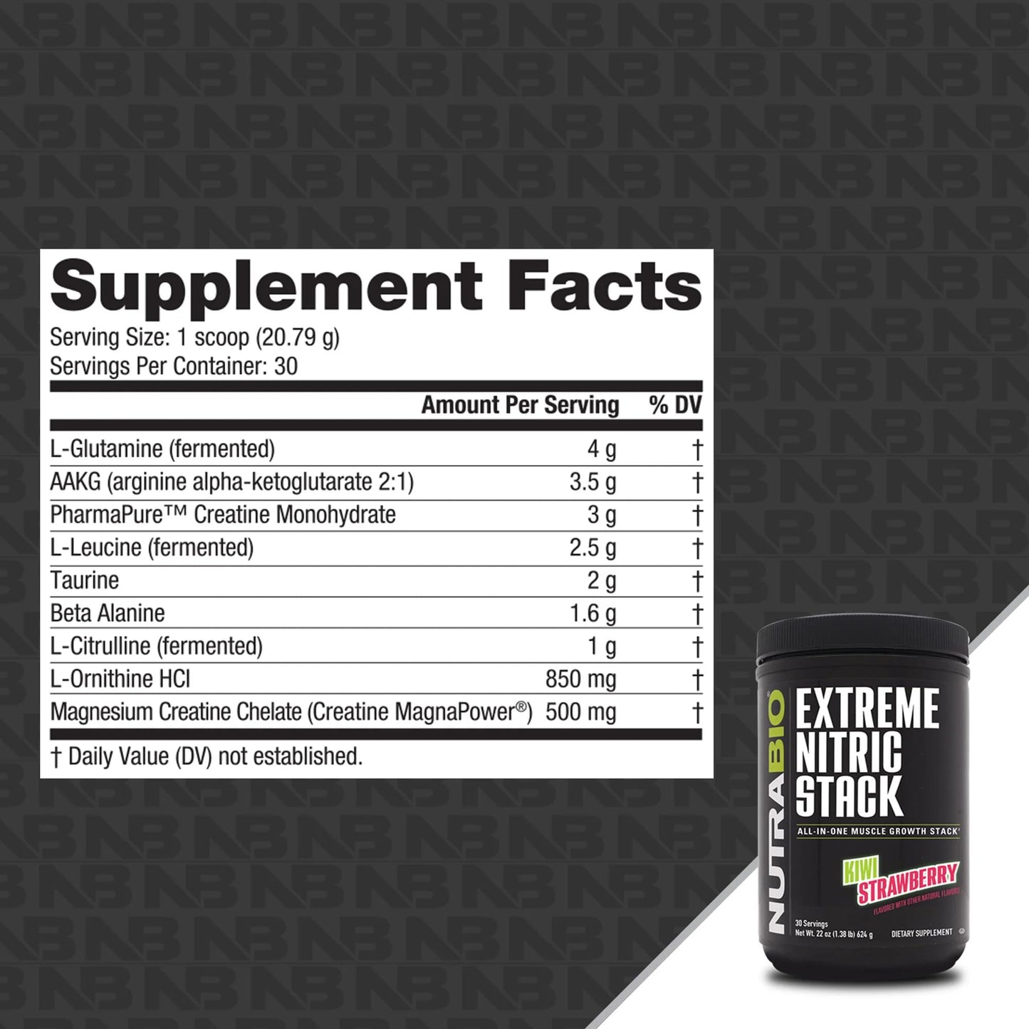 NutraBio Extreme Nitric Stack, Nitric Oxide and Cell Volumizing Formula - 30 Servings (Kiwi Strawberry)