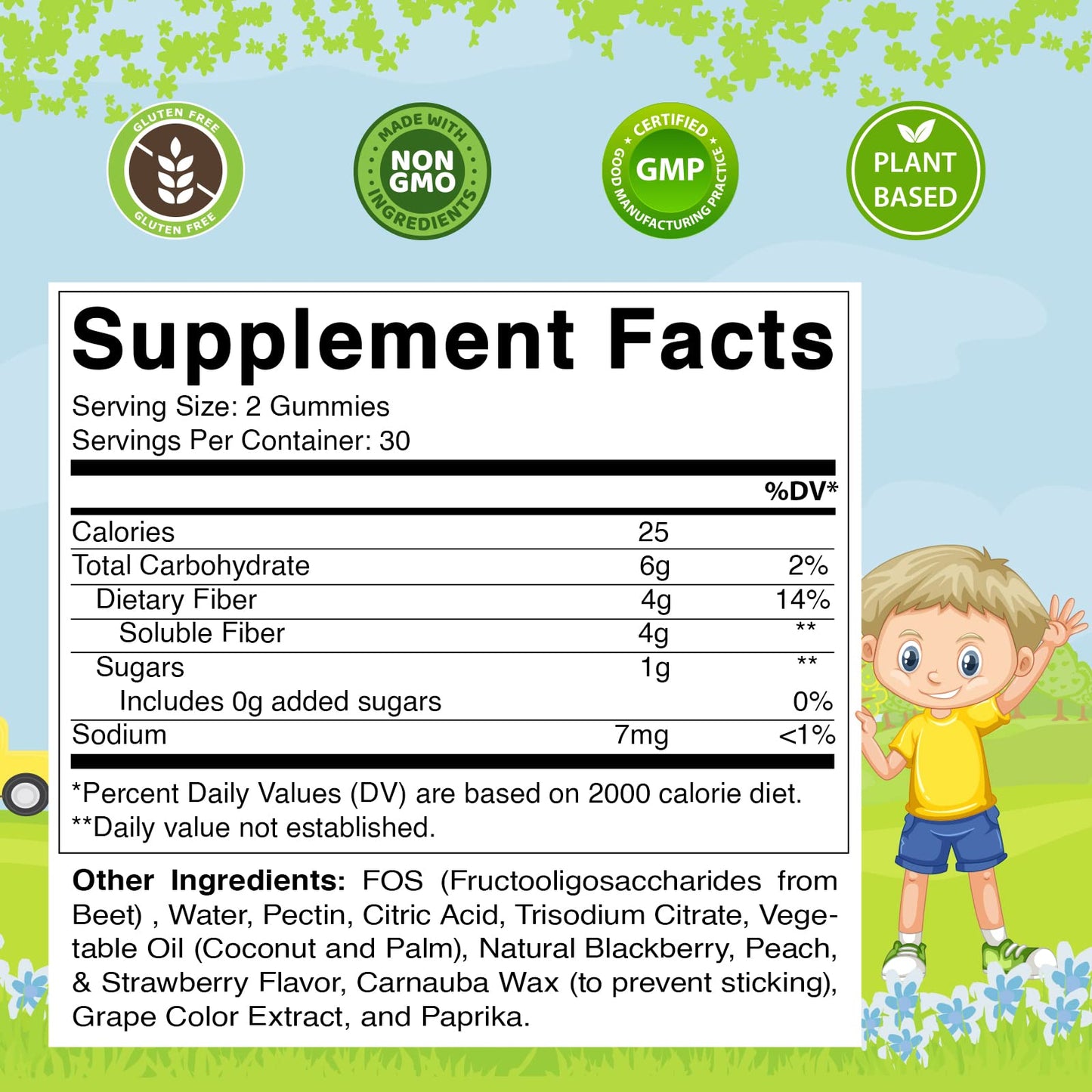 Vitamatic Kids Prebiotic Fiber Gummies - 4G Fiber Extra Strength - Zero Sugar Added - 60 Pectin Based Gummies - Digestive Health & Regularity Support