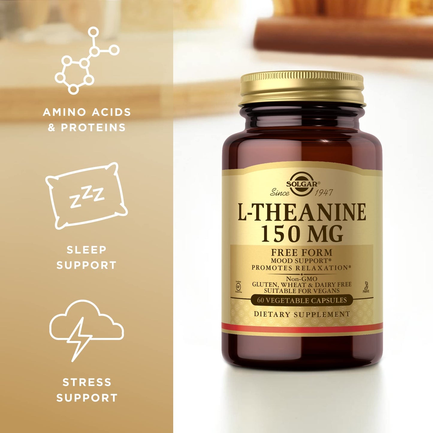 Solgar L-Theanine 150 mg - 60 Vegetable Capsules - Promotes Relaxation - Non-GMO, Vegan, Kosher & Gluten Free - 60 Servings