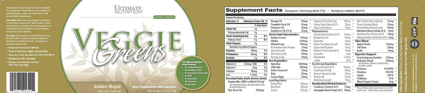Ultimate Nutrition Veggie Greens Super Food Vegetable Protein Powder with Whole Foods, No Sucralose, Vegan Meal Replacement, Low Carb, Keto,No Gluten, Golden MapleFlavor, 18 Ounces, 64 Servings