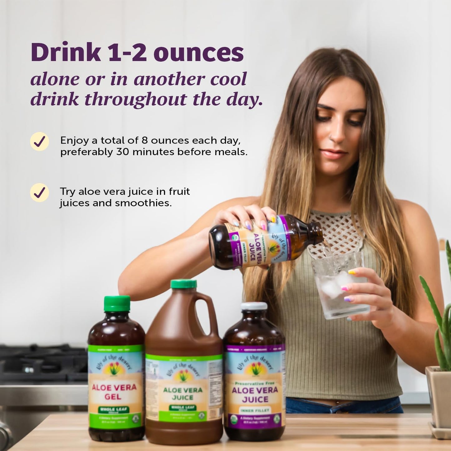 Lily of the Desert Aloe Vera Gel, Preservative Free - Whole Leaf Filtered Thicker Consistency Aloe Vera Drink with Natural Vitamins, Digestive Enzymes for Gut Health, Wellness, Glowing Skin, 128 Fl Oz