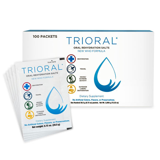 TRIORAL Rehydration Electrolyte Powder - WHO Hydration Supplement Salts Formula - Combat Dehydration from Workouts, Fluid Loss and Much More - 100 Drink Mix Packets