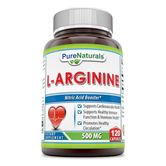 Pure Naturals L-Arginine 500 Mg Capsules, Supports Cardiovascular Health, Supports Healthy Immune Function & Hormone Health, Promotes Healthy Circulation (120)