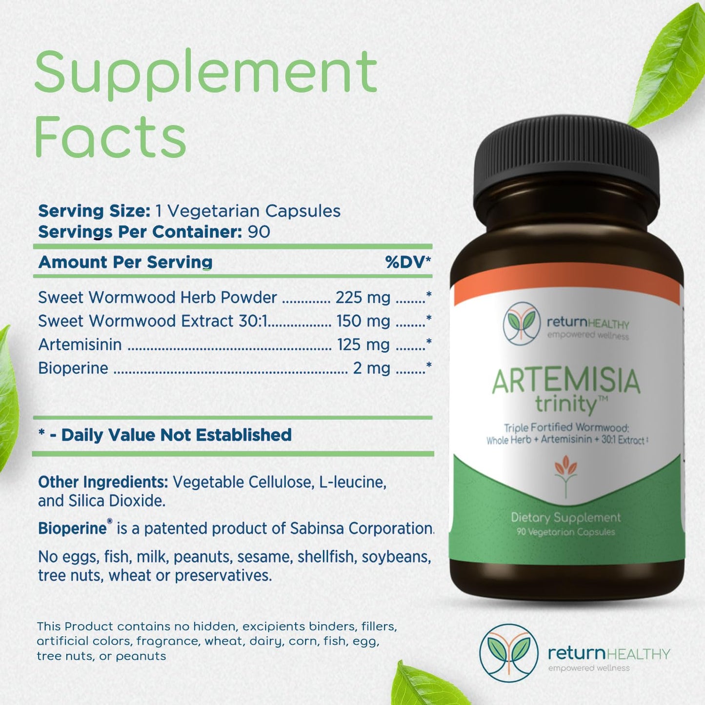 Return Healthy Artemisia Trinity | Cleansing for Adults with Wormwood Herb & Artemisinin 30:1 Extract | Resistance & Digestive Support | Herbal Supplements | Pure, Plant-Based, 90 Caps
