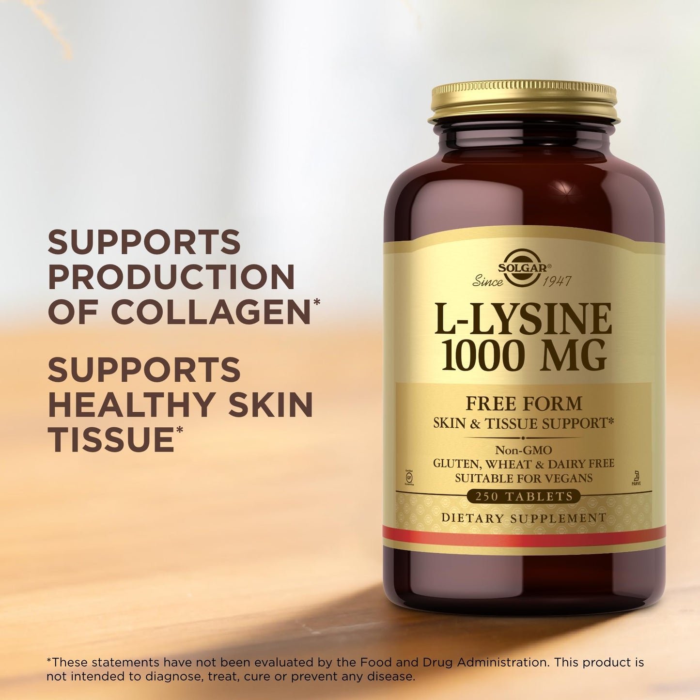 SOLGAR L-Lysine 1000 mg - 250 Tablets - Skin & Tissue Support - Non-GMO, Vegan, Kosher, Gluten Free - 250 Servings