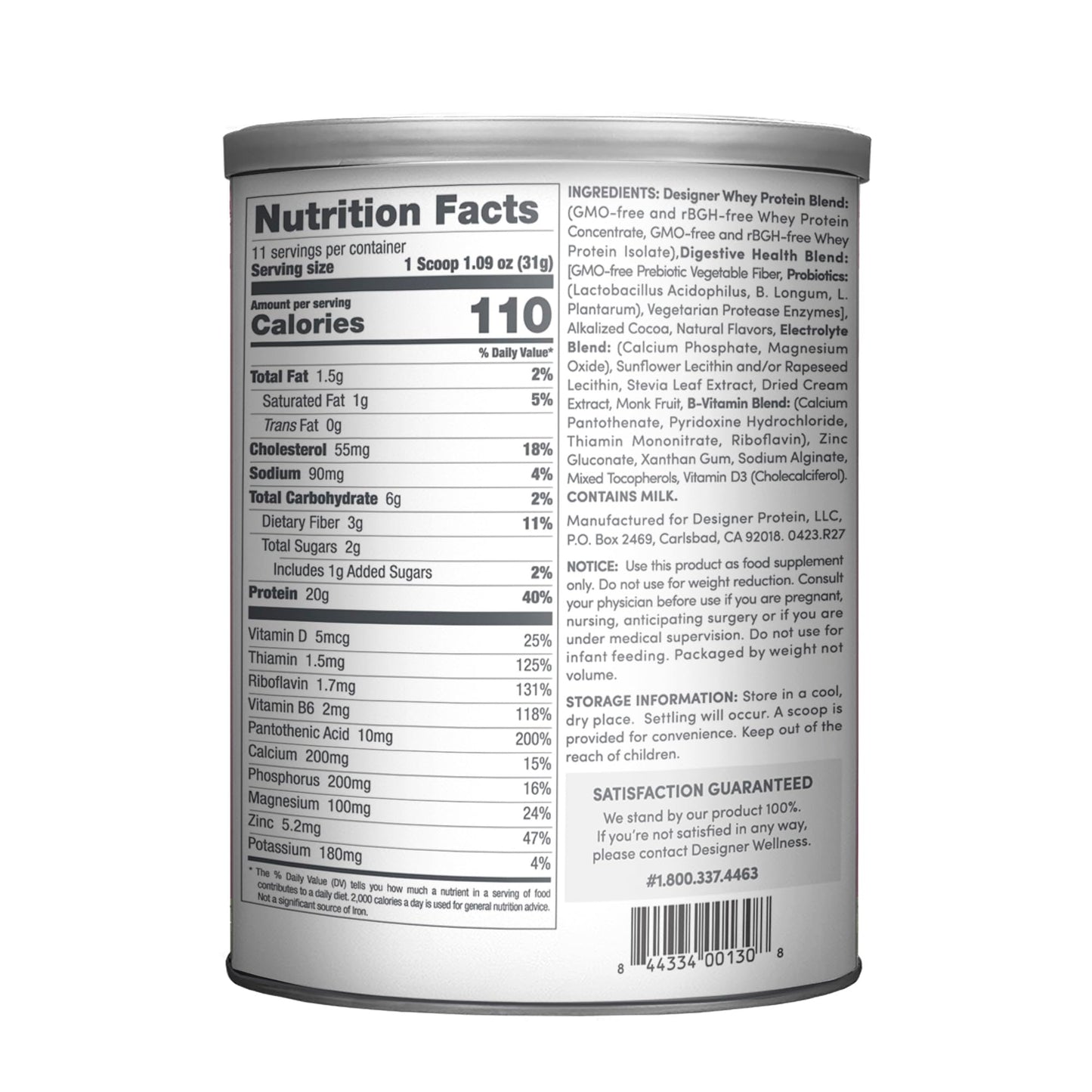 Designer Wellness Designer Whey Natural 100% Whey Protein Powder with Probiotics , Fiber, and Key B-Vitamins for Energy, Gluten-free, Non-GMO, Gourmet Chocolate 12 oz