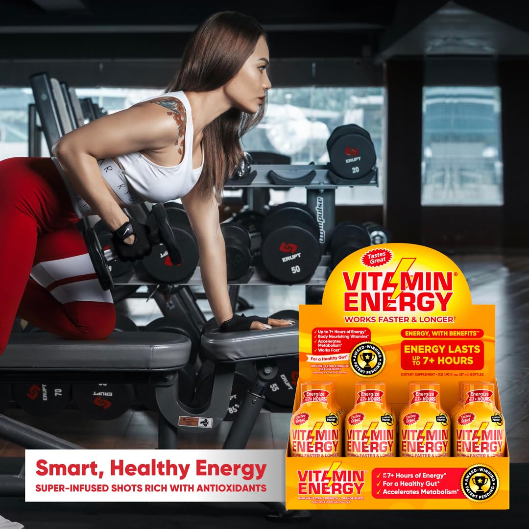 Vitamin Energy Immune+ Extra Strength Energy Shot - Orange Burst - 100% DV B-Vitamins & 260mg Caffeine - Zero Calories, Sugar-Free, Vegan, Non-GMO - Immunity & Energy Support - 1.93 fl oz, 24-Pack