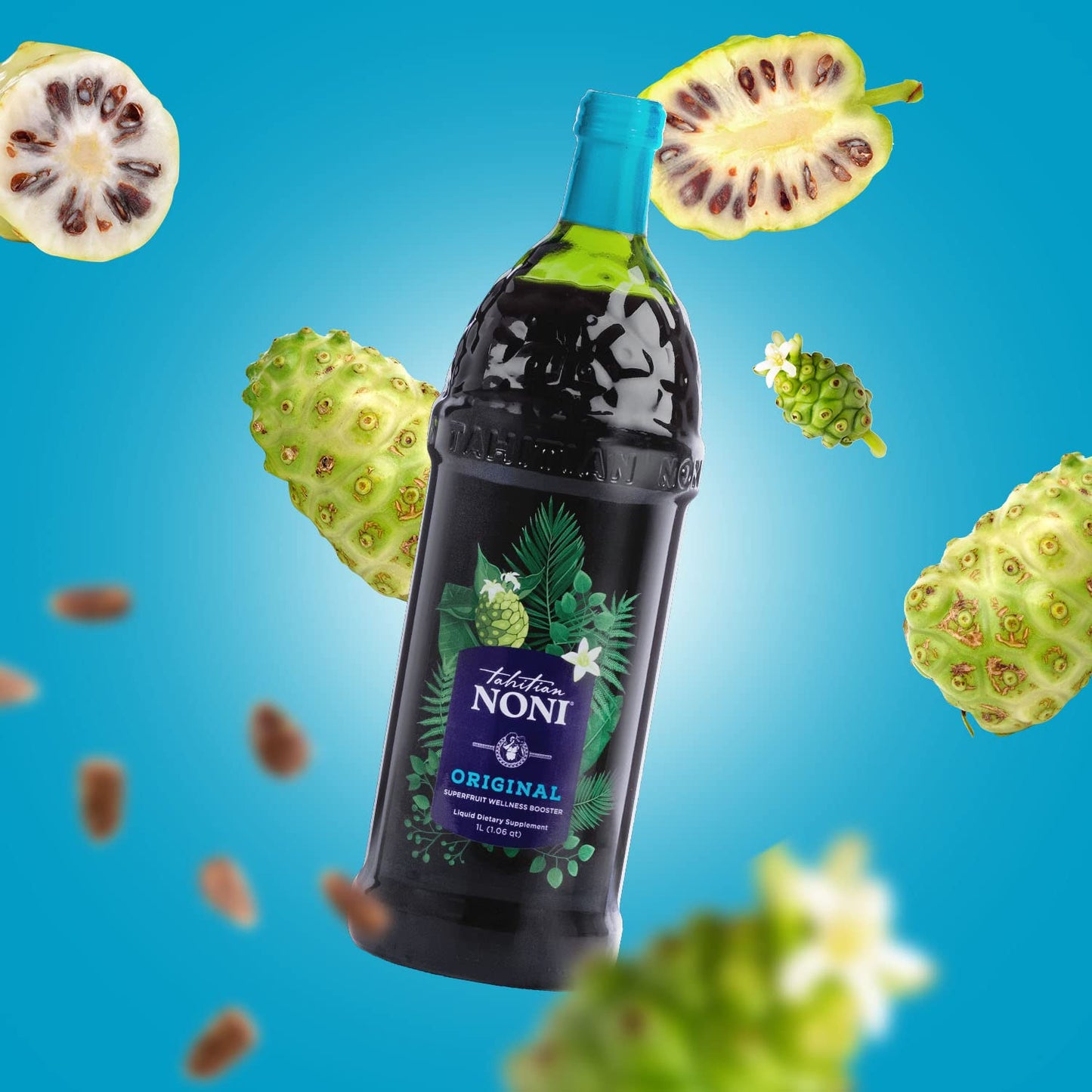 TAHITIAN NONI Juice by Morinda Original and Authentic Noni Fruit Puree from Tahiti with Natural Blueberry  Grape Resveratrol AllNatural Daily Wellness Drink  4 One Liter Juice Bottles Per Case