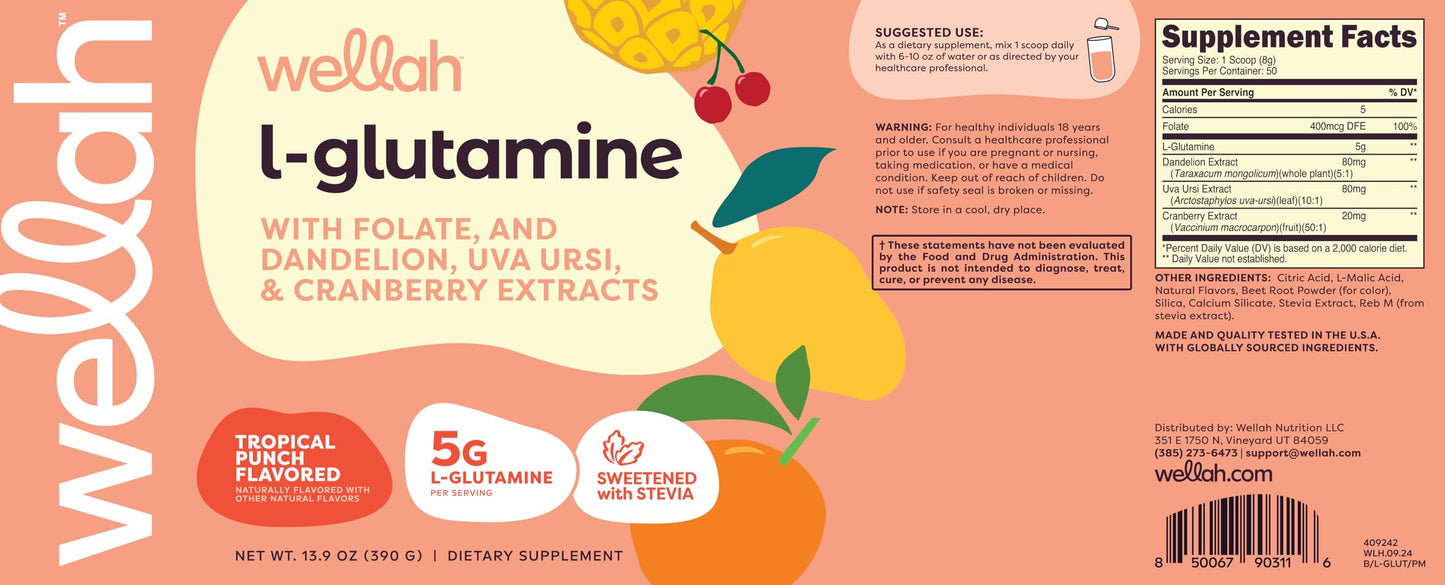 Wellah L-Glutamine Powder Tropical Punch (50 Servings) - 5g L-Glutamine Per Serving, Sweetened with Stevia