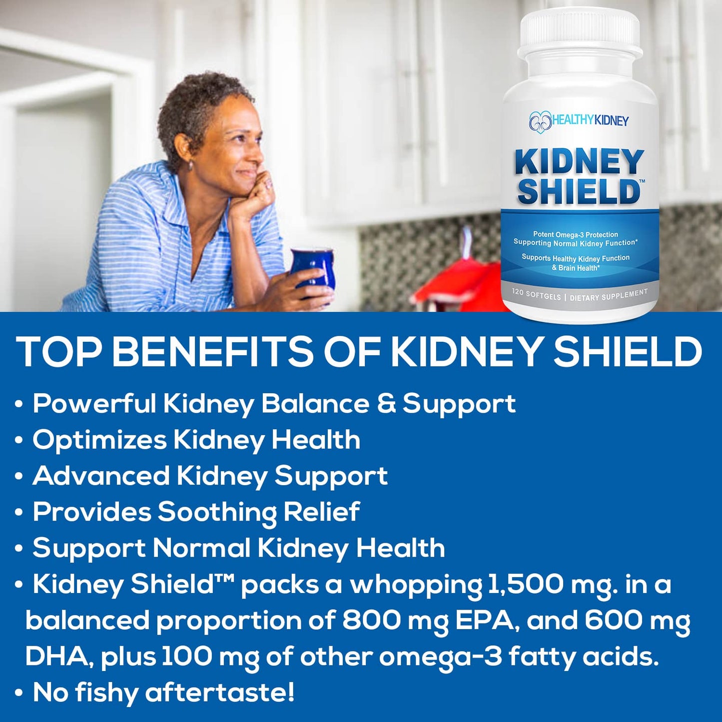 Kidney Shield Omega 3 Fish Oil Supplements - DHA EPA Omega 3 Supplement for Women & Men Kidney Health - Omega3 to Support Normal Kidney Function & Kidney Cleanse Detox & Repair - 120 Lemon Softgels
