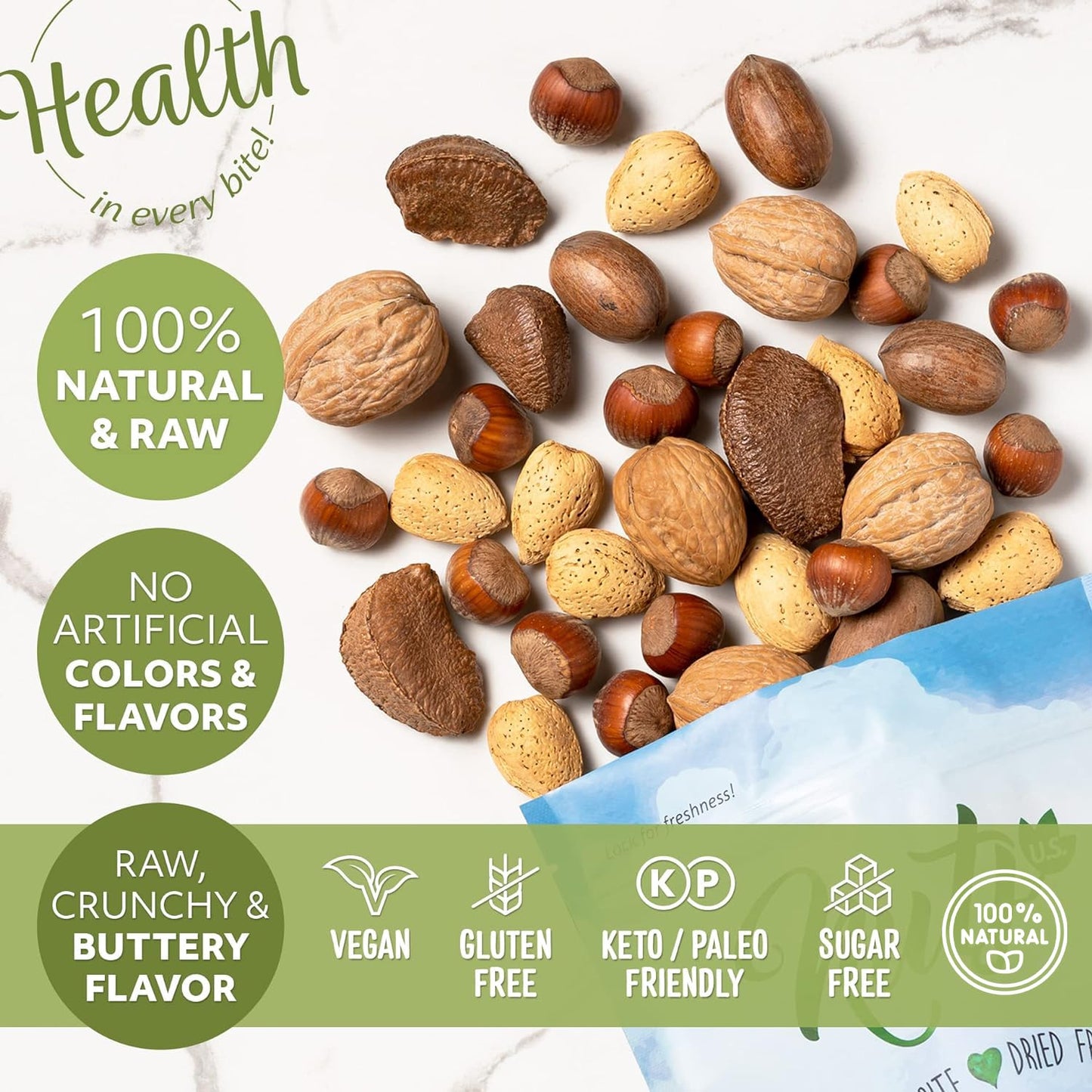 NUTS US  Mixed Nuts In Shell Almonds Walnuts Hazelnuts Pecans Brazil Nuts  No Added Colors and No Artificial Flavors  Fresh Buttery Taste and Raw Packed In Resealable Bags 6 LBS