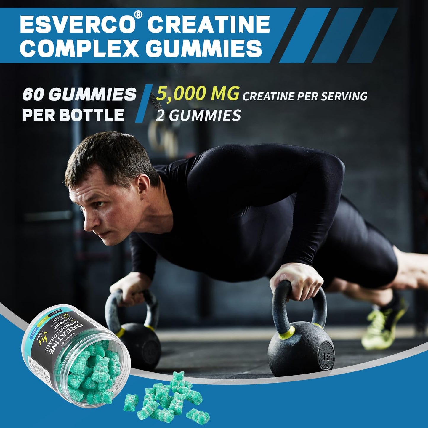 Creatine Monohydrate Gummies 5g, Muscle Growth, Creatine Gummy Supplements, L-Taurine Vitamin B12, Gain Energy, Workout Supplement, Sugar Free, Non-Sticky, Vegan for Men & Women Blueberry 60 Count