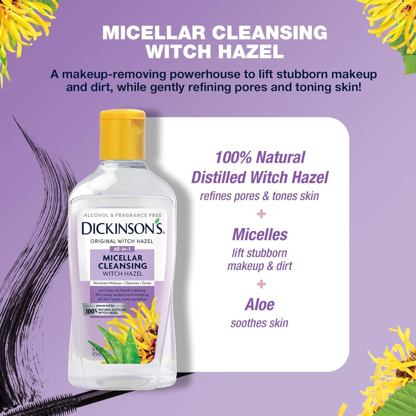 Dickinson's Micellar Cleansing Witch Hazel, An All-in-1 Makeup Remover, Pore Refiner, Skin Cleanser and Toner; Alcohol Free with Aloe, for Sensitive Skin, 8oz