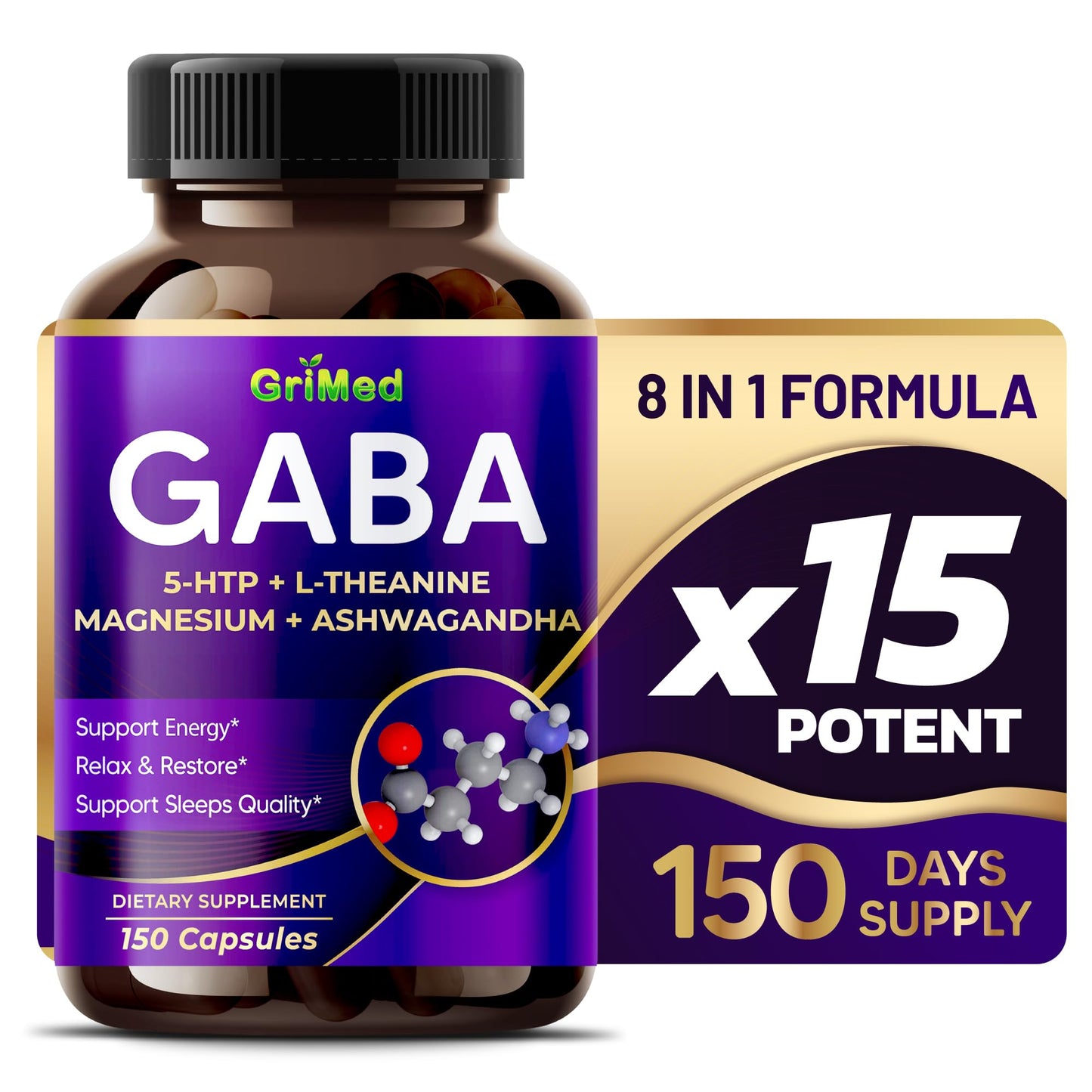 GriMed GABA 16,280mg - X15 Power with 5-HTP, L-Theanine, Magnesium, Ashwagandha - Relax & Restore, Support Sleep Well - Made in USA (150 Count (Pack of 1))