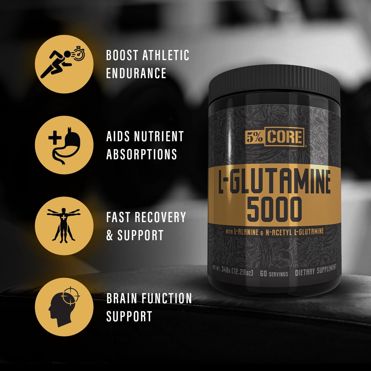 5% Nutrition Core L-Glutamine 5000 Supplement w/L-Alanine | Immune & Digestive Support | Amino Acid Muscle Builder Post Workout Recovery | Unflavored (60 Servings)