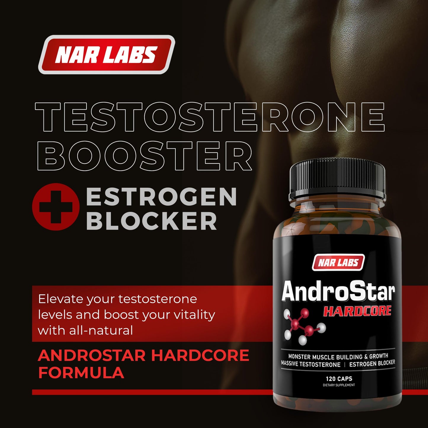 Nar Labs AndroStar Hardcore | Natural Testosterone Booster | Estrogen Blocker for Men | Boost Muscle Growth | 120 Capsules