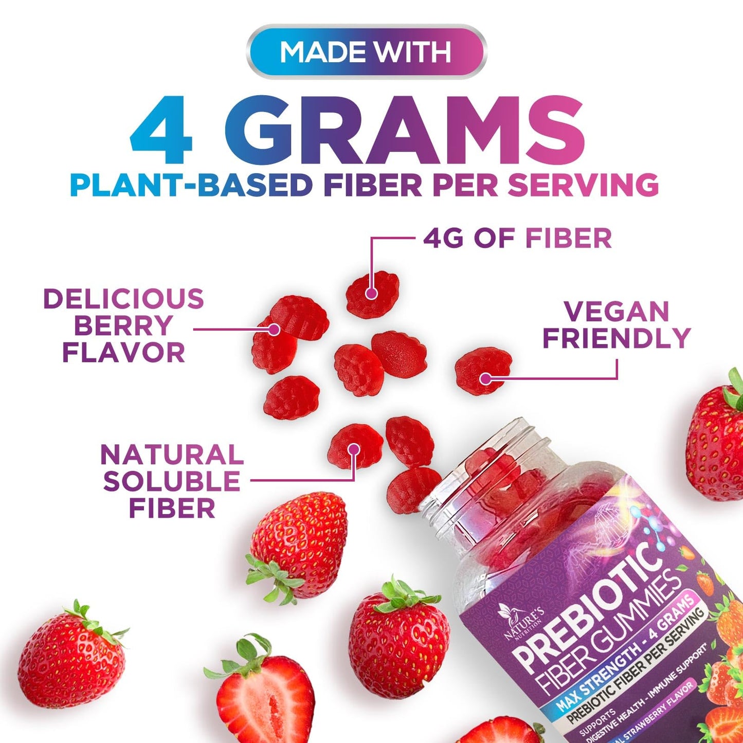 Fiber Gummies for Adults, Daily 4g Gummy Fiber Supplement, Prebiotic Digestive Health Support - Plant Based Soluble Fiber, Supports Regularity & Digestion for Adults Non-GMO - 60 Gummies