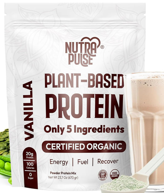 NUTRAPULSE Organic Vegan Protein Powder - Vanilla Flavor, Plant-Based, Gluten-Free, Non-GMO, 20g Protein Per Serving, Ideal for Smoothies, Shakes, Baking, Cooking (1 Pack, 20 Servings)