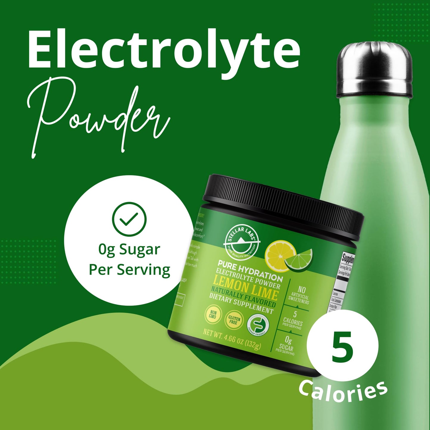 Stellar Labs Electrolyte Powder No Sugar | Low FODMAP Hydration Multiplier Powdered Drink Mix | Keto Friendly, Sugar Free, Non-GMO, Gluten Free Dehydration Relief | Lemon Lime, 30 Servings